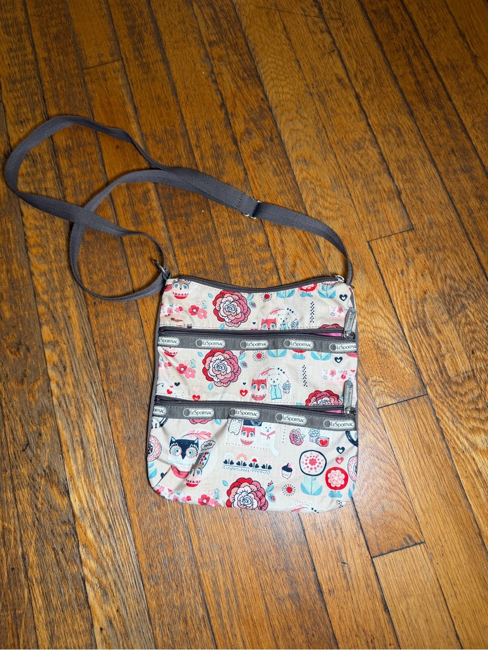 LeSportsac 3 Zip Crossbody Bag Cats Owls Floral Pink Adjustable Strap